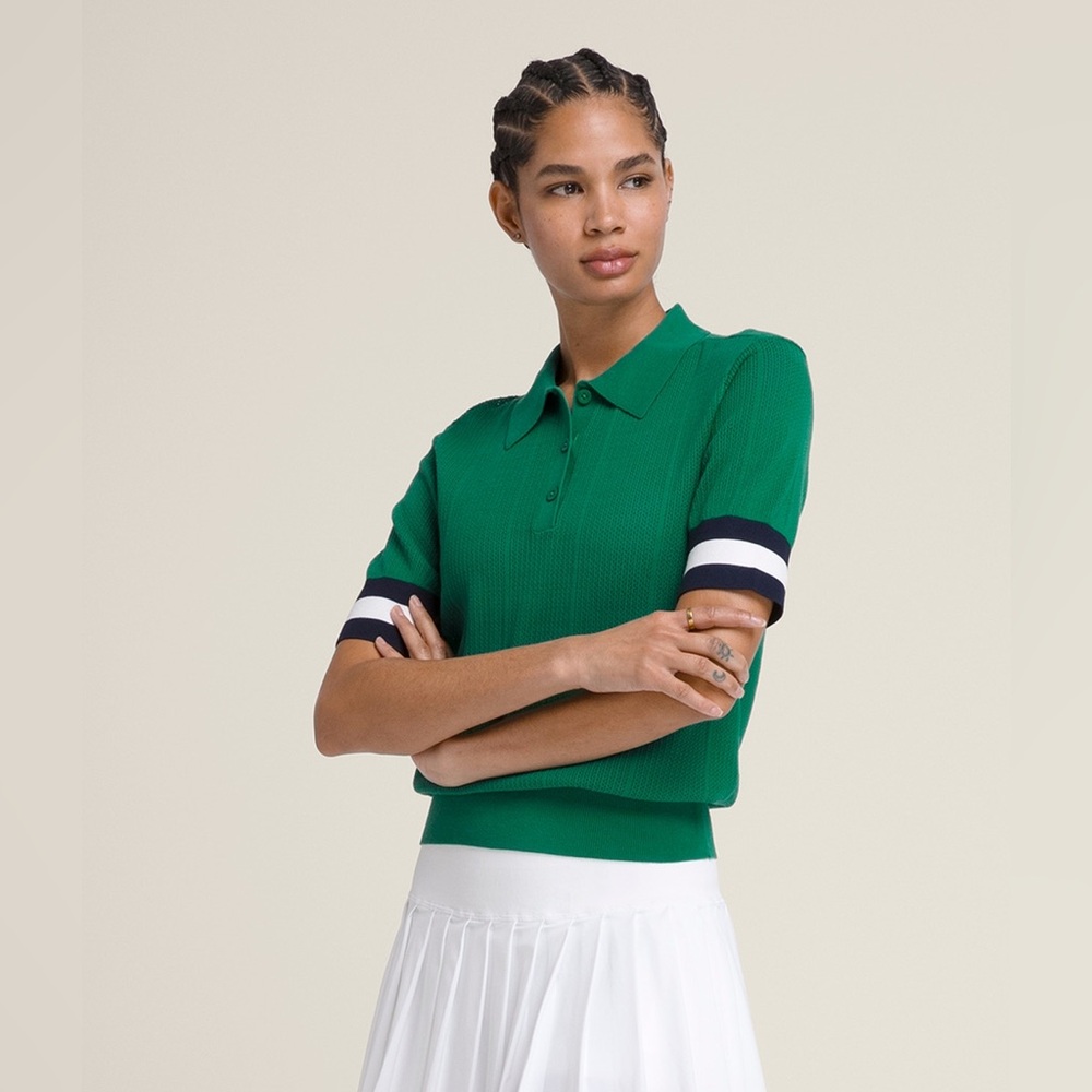 Wilson Essex Polo Sweater Knit Short Sleeve Top Courtside Green Navy Size Medium